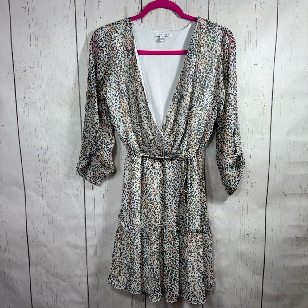 City Vibe Animal Print Faux Wrap Dress Boho Leopard Mini Cottagecore Romantic L